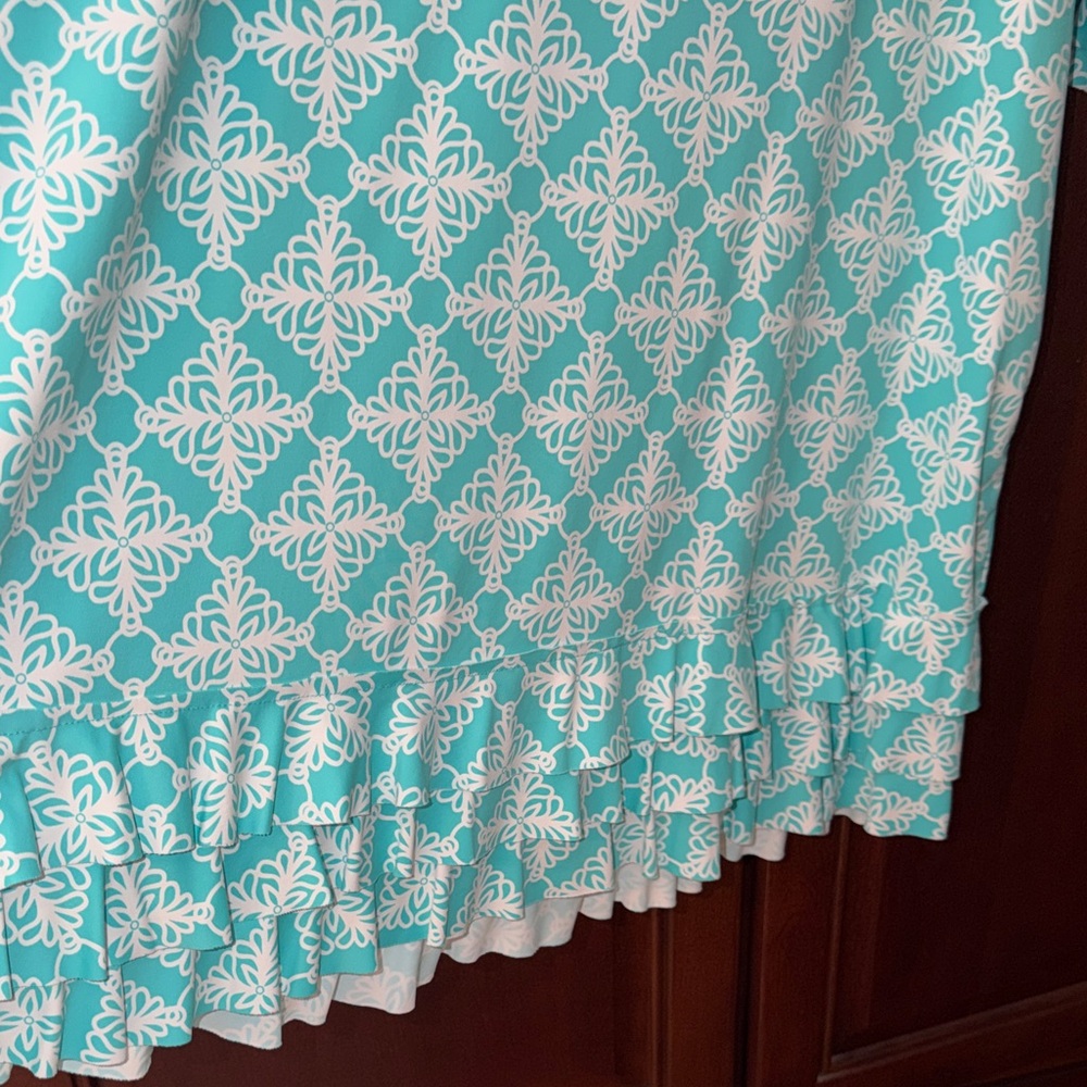 Lulu-B Aqua and White Patterned Ruffle-Hem Dress - Picture 5 of 6